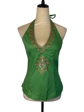 Vintage Y2K Deadstock Nostalgia Embroidered Halter Top Medium NWT Boho Green